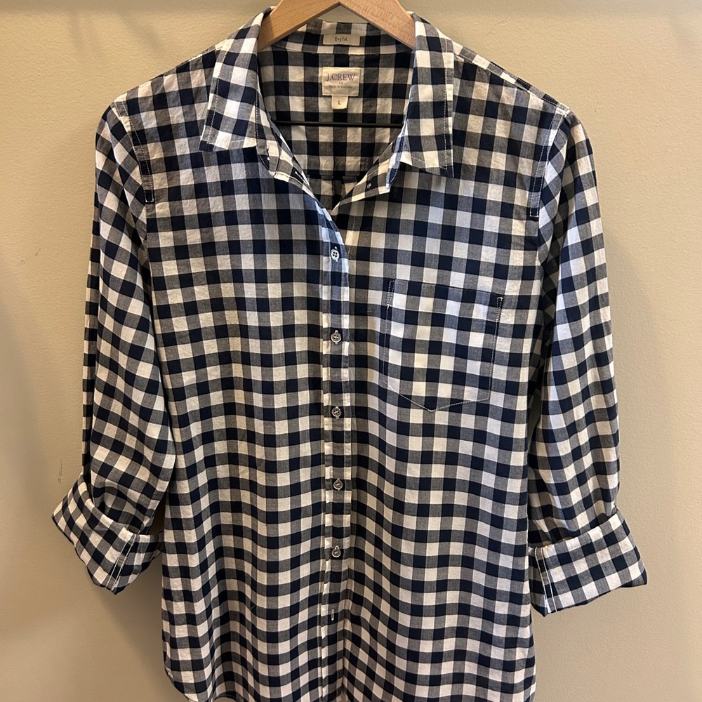 J.Crew Navy and White Gingham Button-Up Shirt